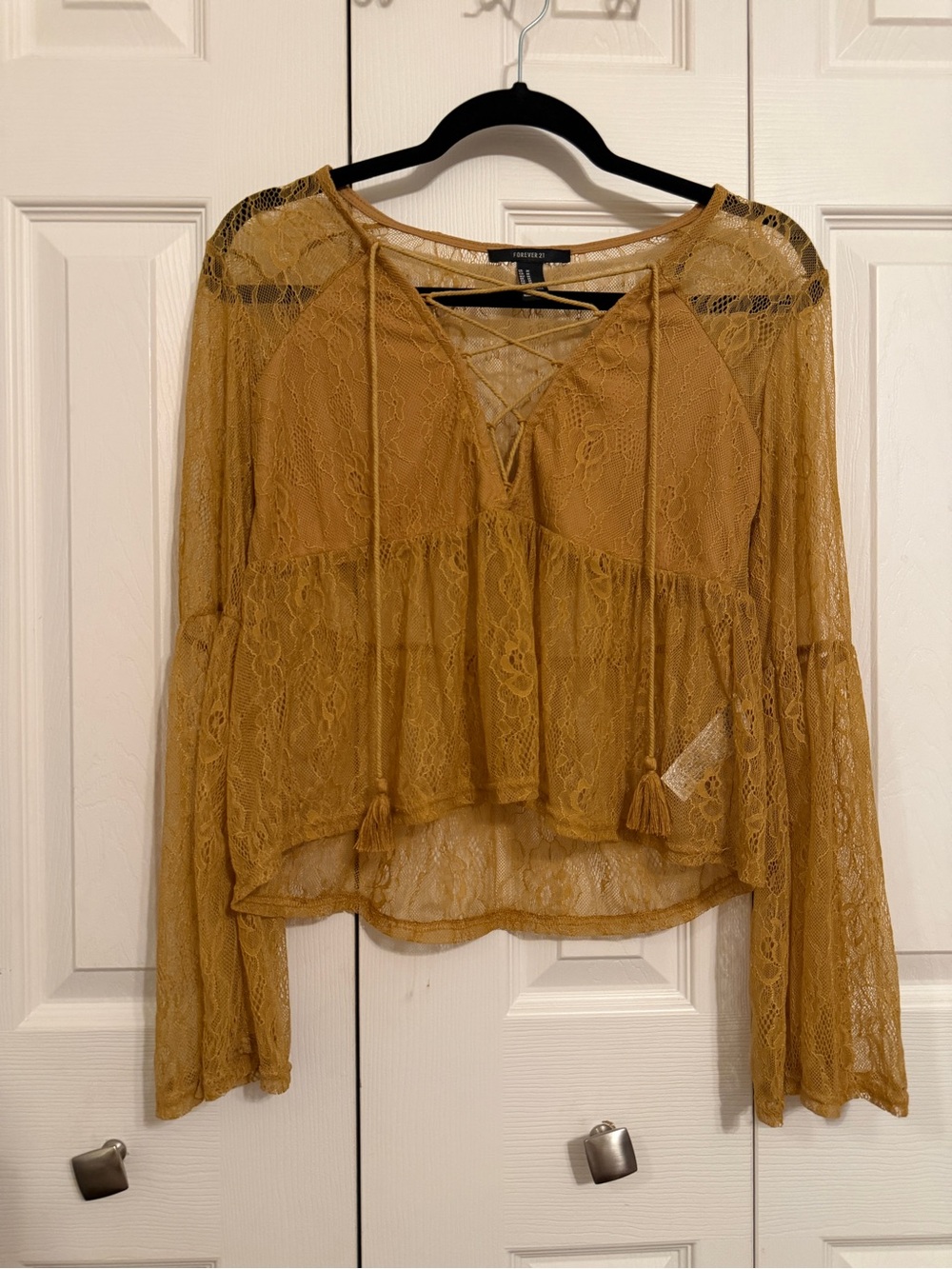 Forever 21 Mustard Lace Bell Sleeve Blouse M Lace Up Boho Festival Top